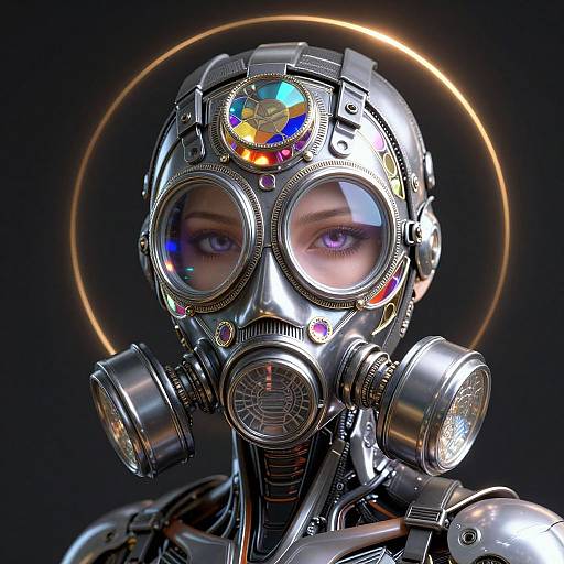 Photorealistic CGI of a person wearing a futuristic, metallic gas mask with colorful lenses, reflective surfaces, and glowing circular background.