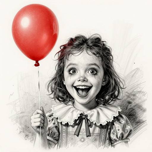 Monochromatic pencil sketch of a young girl with curly hair, wide eyes, and open mouth, holding a red balloon. She wears a detailed,