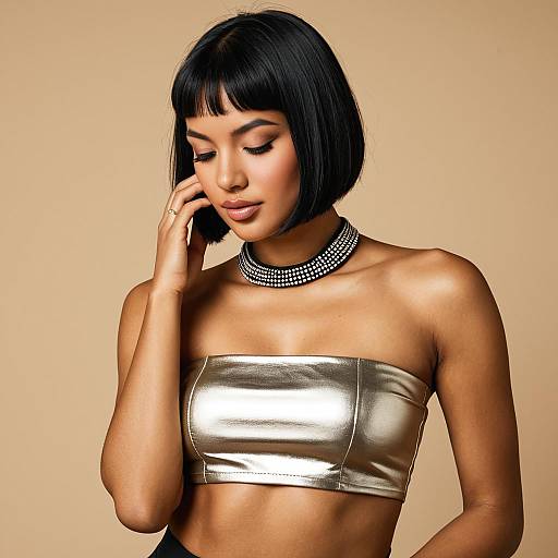 Woman Wearing Metallic Silver Bandeau Top
