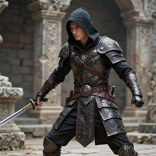 Photograph of a fierce, young male warrior in black, ornate medieval armor with a hood, gripping a sword, standing in a stone ruin.
