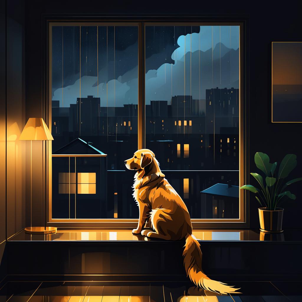 Golden Retriever in Melancholic Rainy Night