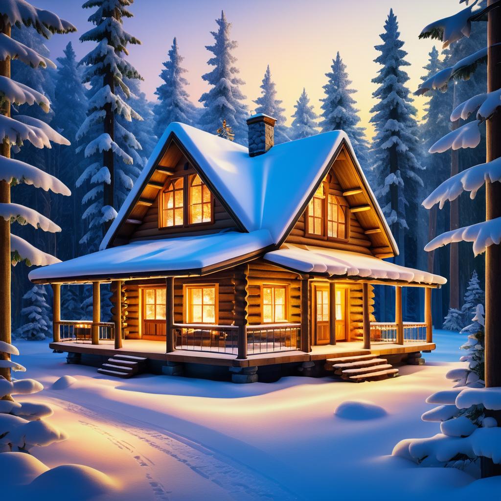 Warm Cabin in a Serene Winter Landscape