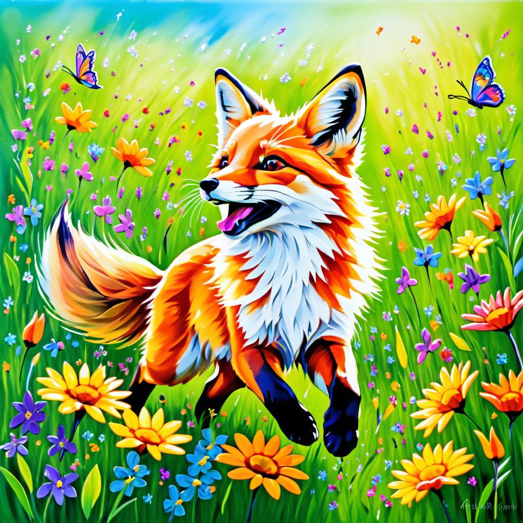 Vibrant Fox in Blooming Meadow Scene