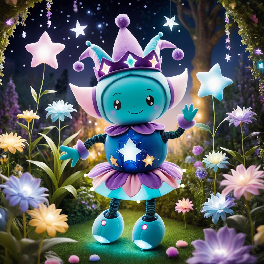 Whimsical Robot Jester in Dream Garden