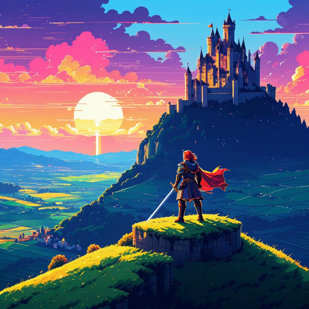 Pixelated Knight in Fantasy Landscape