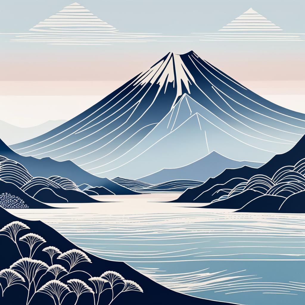 Minimalist Japanese Mountain Range Linocut