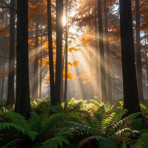 Photograph of a sunlit forest with sunlight streaming through tall, dark tree trunks, illuminating vibrant orange leaves and lush green ferns on the