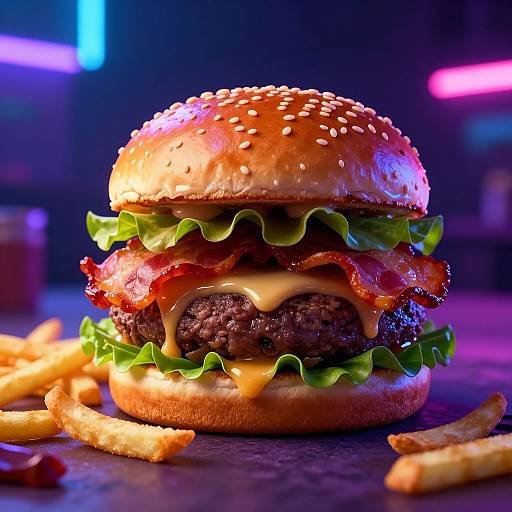 Photograph of a juicy, cheese-laden burger with sesame seed bun, crispy bacon, leaf lettuce, and golden fries in a neon-lit background