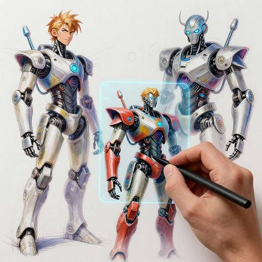 Digital artwork of two robotic humans, one silver and one red, with a hand sketching the red robot in the foreground.
