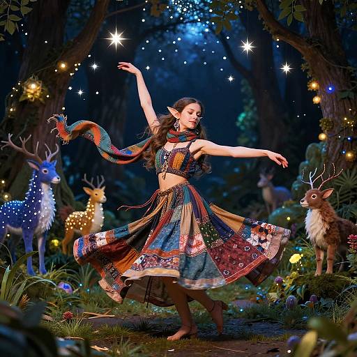 Fantasy forest dance: Elven woman in colorful midriff top and skirt, star-adorned, surrounded by glowing deer, under twinkling