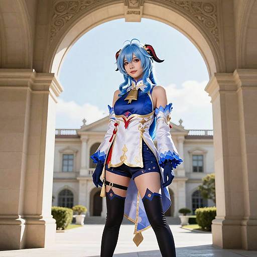 Digital cosplay photograph of a blue-haired woman with horns, wearing a white and blue fantasy outfit, standing in a grand architectural archway with a sunlit