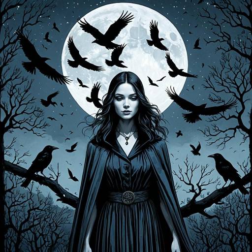 Mysterious Woman with Ravens under Full Moon