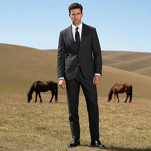 Photograph of a serious, dark-haired man in a black suit and tie standing in a grassy field with two grazing horses in the background.
