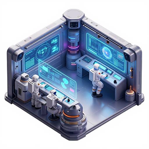 CGI image of a futuristic control room with four white robotic astronauts operating glowing blue holographic screens and equipment.