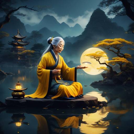 Elderly Sorceress by Mystical Moonlit Lake Elderly Sorceress by Mystical Moonlit Lake