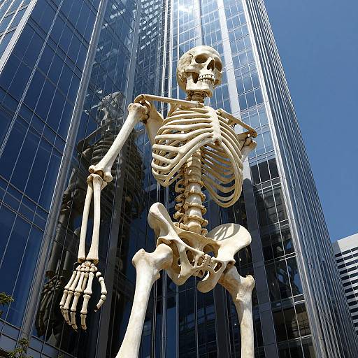 Photograph of a large, detailed skeletal figure standing in front of modern glass skyscrapers, with bright blue sky overhead.