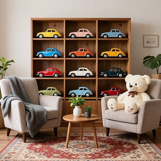 Photograph of cozy living room with wooden toy car shelf, two gray armchairs, white teddy bear, small wooden table, and potted