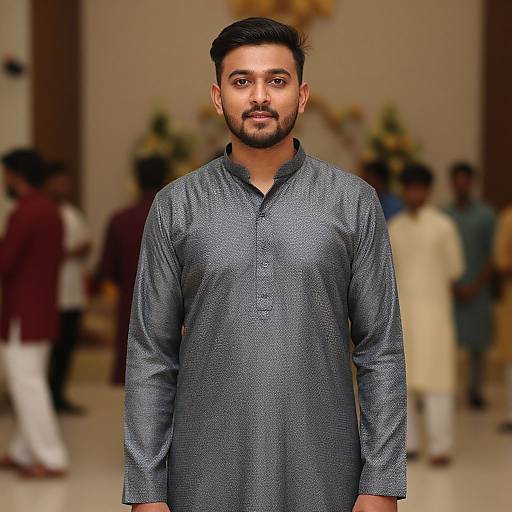 Photograph of a bearded South Asian man with short black hair, wearing a gray textured kurta, standing in a blurred indoor setting with other men
