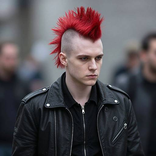Photograph of a pale-skinned, punk-styled young man with bright red, spiked mohawk, shaved sides, black leather jacket, and serious