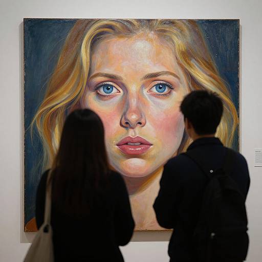 Photograph of a vivid, realistic painting of a blue-eyed, blonde woman with fair skin, viewed by two silhouetted observers in a gallery