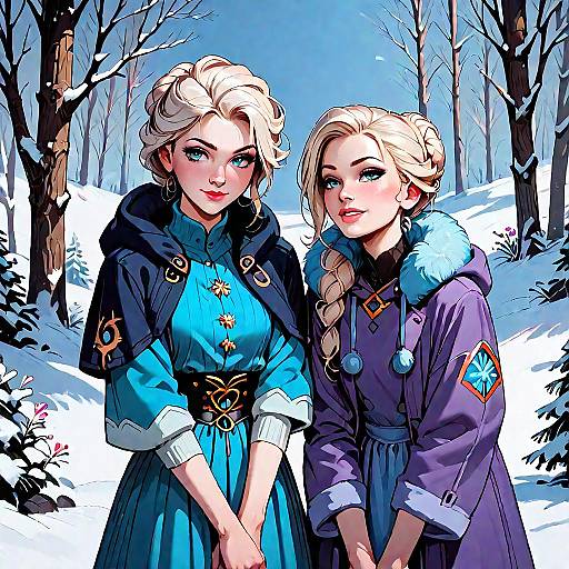 Winter Portrait of Two Blonde Women in Snowy Forest