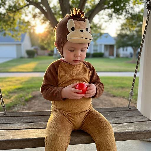Photograph of a baby in a brown monkey costume with a cute mask, holding a red ball, sitting on a wooden swing in a sunlit suburban