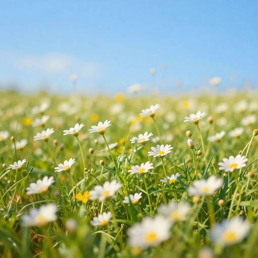 Photograph of a vibrant, sunlit field filled with white daisies and green grass, under a clear, bright blue sky.