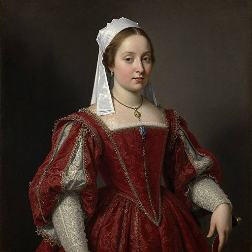 17th-century portrait of a young woman in a rich, red, embroidered gown with puffed sleeves, white headdress, and blue gem necklace,