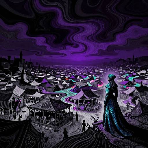 Digital illustration of a surreal, nighttime carnival with swirling purple and black clouds, silhouetted figures, and a glowing, sequined woman in a