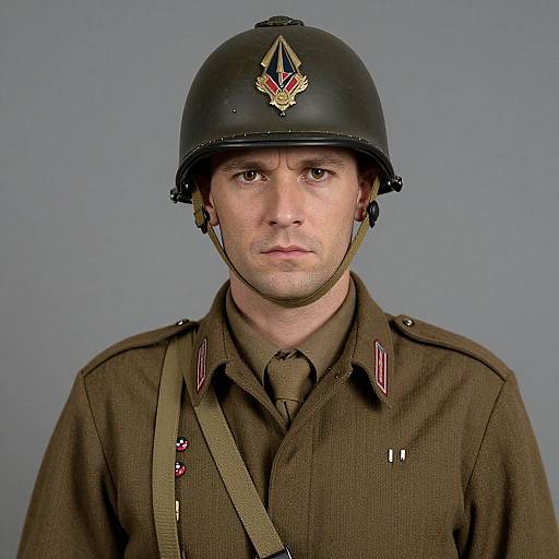 Photograph of a serious-looking male soldier in World War II-era German military uniform, black helmet with emblem, brown shirt, gray background.