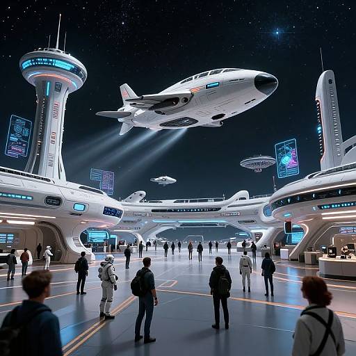 Photorealistic CGI of a futuristic space station with glowing neon lights, hovering spacecraft, and diverse crowd in white uniforms. Starry sky background.
