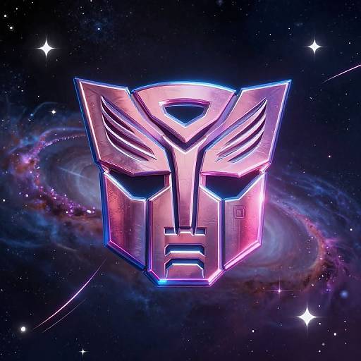 Digital artwork of a glowing, metallic, robotic face with wings, resembling a Transformer, set against a cosmic background with a colorful galaxy and stars.