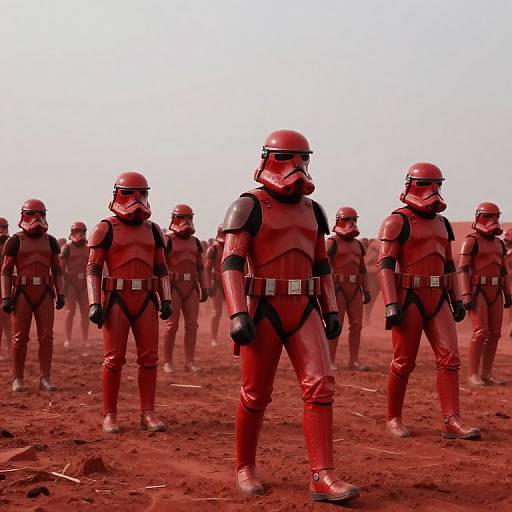Photograph of a group of red-clad Stormtroopers standing in a barren, red sandy desert under a bright, white sky.
