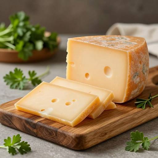 Photograph of a wedge of Swiss cheese with holes, sliced and resting on a wooden board, garnished with parsley.