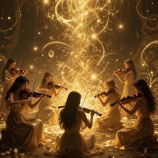 Magical, golden-lit photograph of seven ethereal, long-haired women in flowing dresses, playing violins around a glowing fire, surrounded by swirling