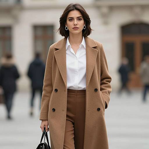 Photograph of a confident woman with dark hair, wearing a beige coat, white shirt, brown pants, and holding a black handbag, walking in