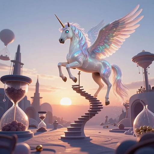 Digital CGI: Glowing white unicorn with iridescent wings and horn, mid-leap on a staircase, surrounded by hourglasses and futuristic buildings