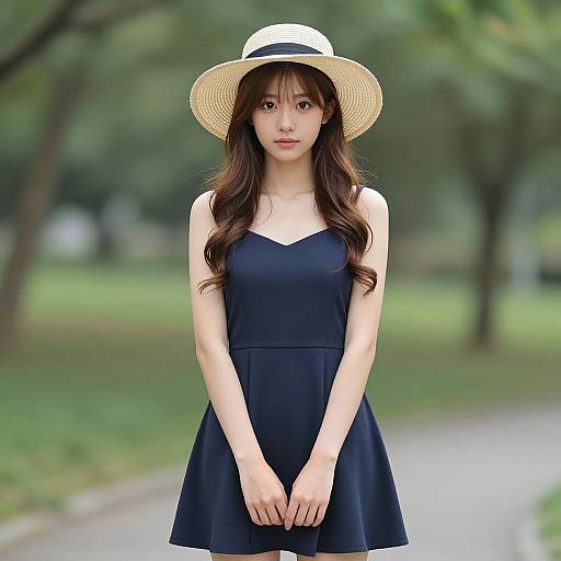 Photograph of an Asian woman with long brown hair, wearing a straw hat, black sleeveless dress, standing in a blurred park.