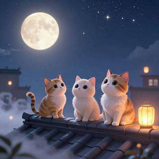 Digital illustration of three adorable kittens with big eyes, sitting on a rooftop under a bright full moon, surrounded by stars, a lantern, and a night
