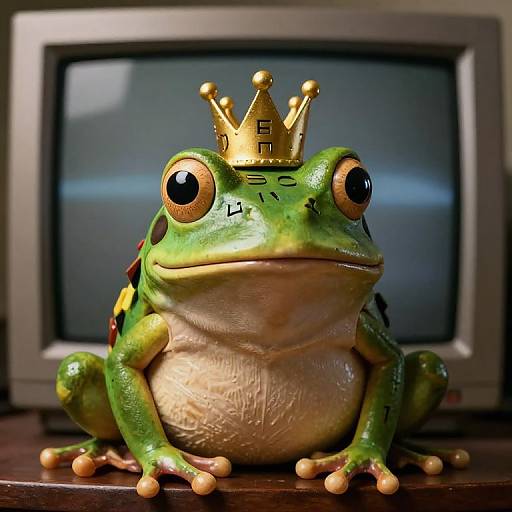 Photograph of a green frog with a gold crown, sitting on a wooden surface in front of an old-style TV. Frog's large eyes and textured