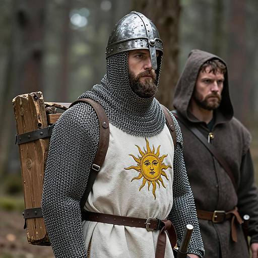 Medieval Knight and Hooded Man in Forest