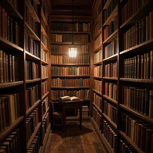 Photograph of a dimly lit, narrow library aisle with wooden bookshelves on both sides, a single desk with an open book at the center