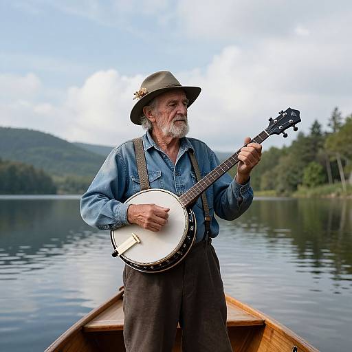 Photograph of an older white man with a beard, wearing a green hat and denim shirt, playing a banjo on a wooden boat in a calm