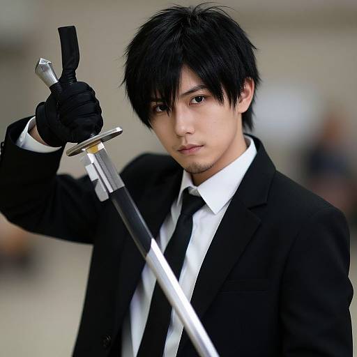 Photograph of a young Asian man with black hair, wearing a black suit, white shirt, black tie, and black gloves, holding a sword upright