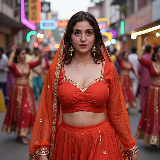 Photograph of a young South Asian woman with medium skin, dark hair, and large brown eyes, wearing an orange traditional lehenga set with gold embroidery