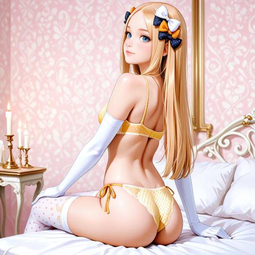 Blonde Woman in Lingerie with Bows Sitting on Bed