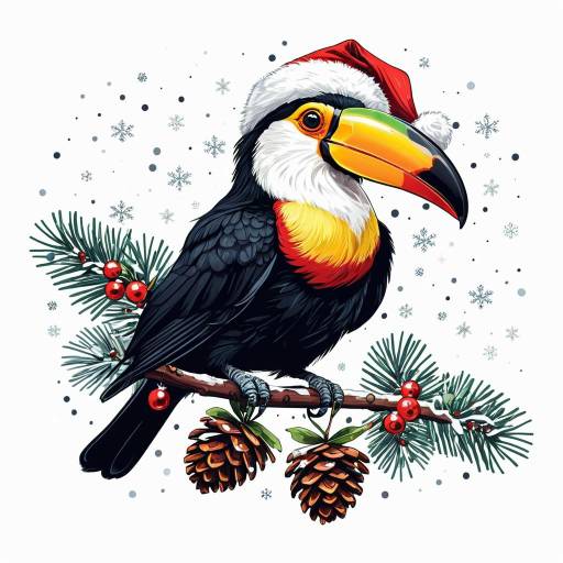 Toucan in Santa Hat on Festive Branch