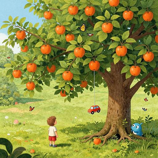 Digital illustration of a young child with curly hair, standing under an orange tree, watching colorful butterflies and a hanging toy car. Bright, sunny meadow