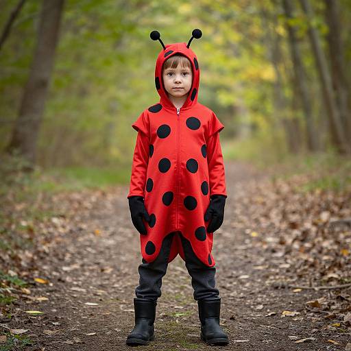 Photograph of a young boy in a red Ladybug costume with black polka dots, standing on a leaf-covered forest path.