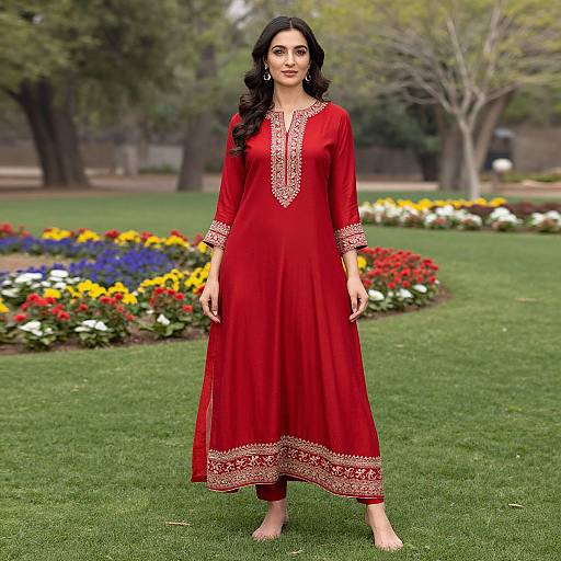 Photograph of a South Asian woman with long black hair, wearing a red traditional long kurta with gold embroidery, standing barefoot on green grass in